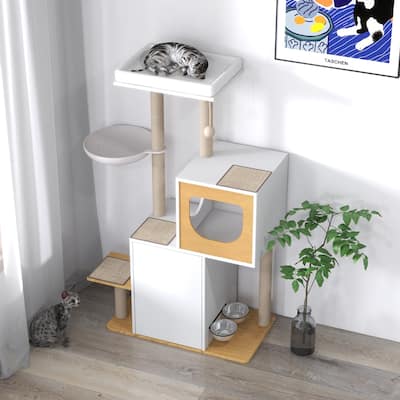 Cat Tree Tower with Scratching Pads, Shelves and Doors