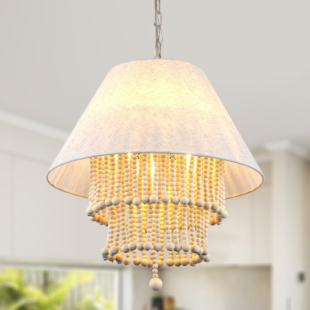 CurveCurio 24" Bo-Ho Style Modern Chandelier with Soild Wood Beads Accent and Beige Fabic Light Shade - 3 Lights