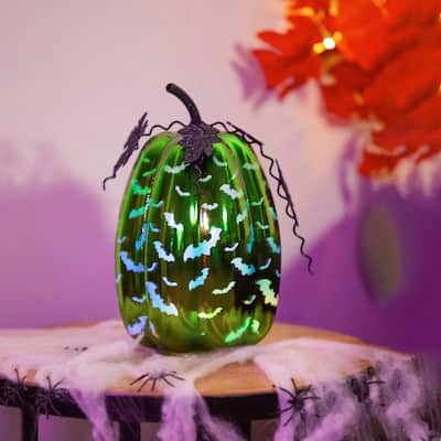 Green Bats LED Glass Pumpkin Statuary