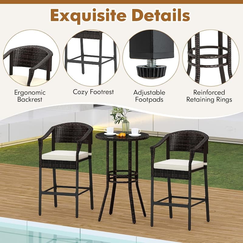 3PCS Patio Rattan Bar Set Cushioned High Top Bistro Furniture