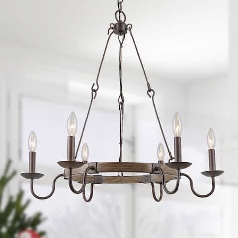 Farmhouse 6-light Wagon Wheel Metal Chandelier Faux Wood Light for Dining Room - Rust - D28" x H28"