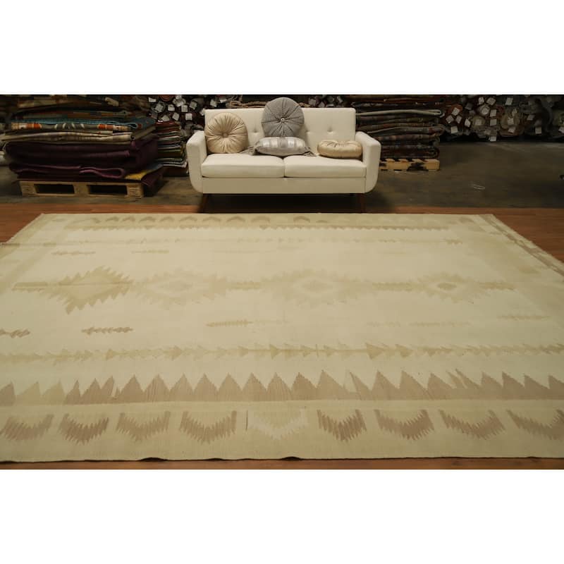 Hand Woven Oriental 100% Wool Carpet Southwestern Tribal Beige & Ivories Kilim Area Rug - 12' 10'' X 9' 9''
