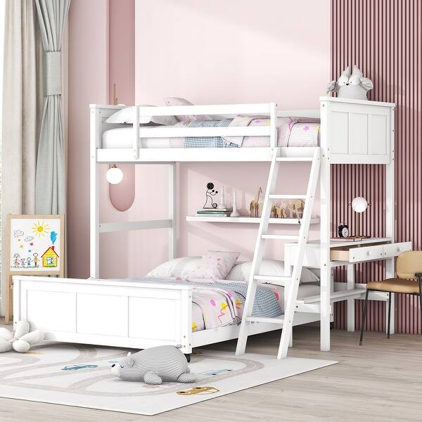 slide 2 of 9, White Pine Wood Bunk Bed with Desk, Drawers, Movable Lower Bed, Guardrail Twin over Full - White