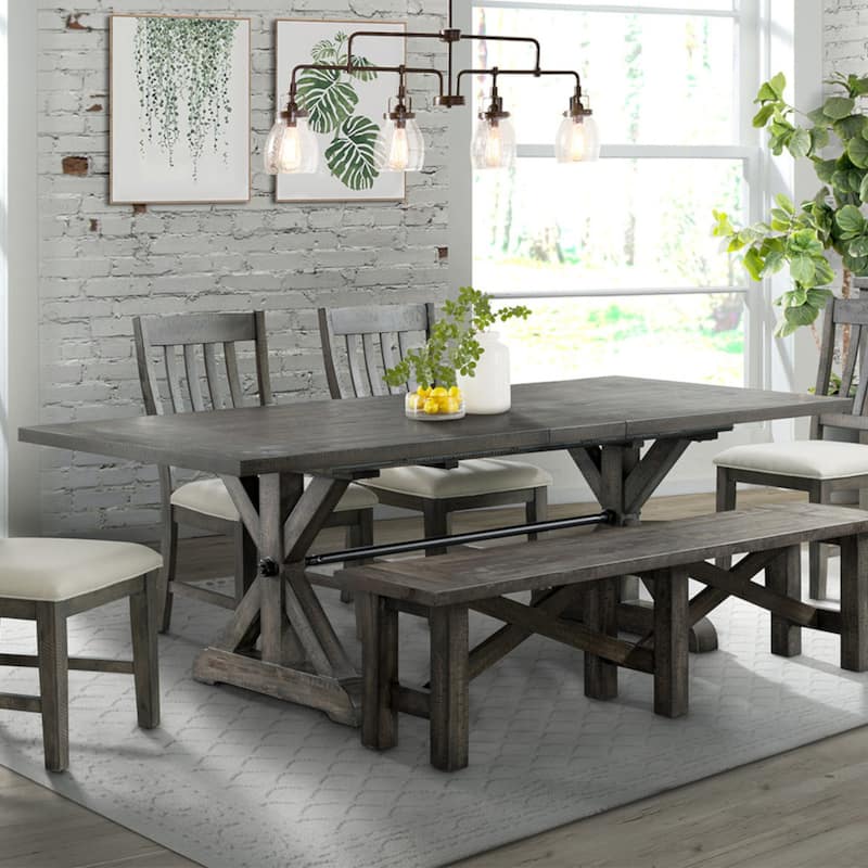 Rectangular Extension Dining Table - 96" Gray Wood Pedestal Table - Rustic Farmhouse Style - 96