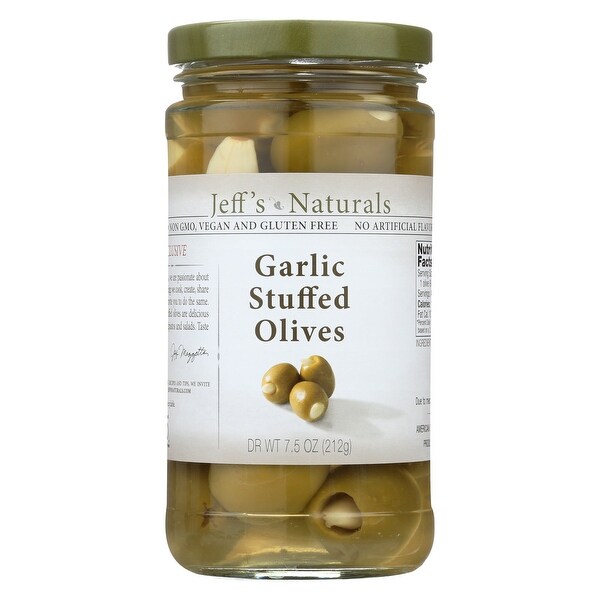 Jeff's Natural Jeff's Natural Garlic Stuffed Olives - Garlic Stuffed Olives - Case of 6 - 7.5 oz.