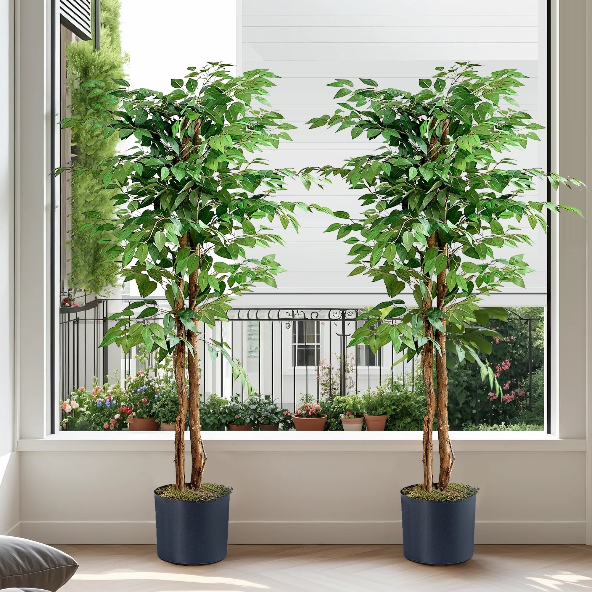 Javlergo Artificial Ficus Tree Set of 2, 59" & 71" Tall Fake Plant with Natural Wood Trunk Moss Lifelike Faux Tree for Home