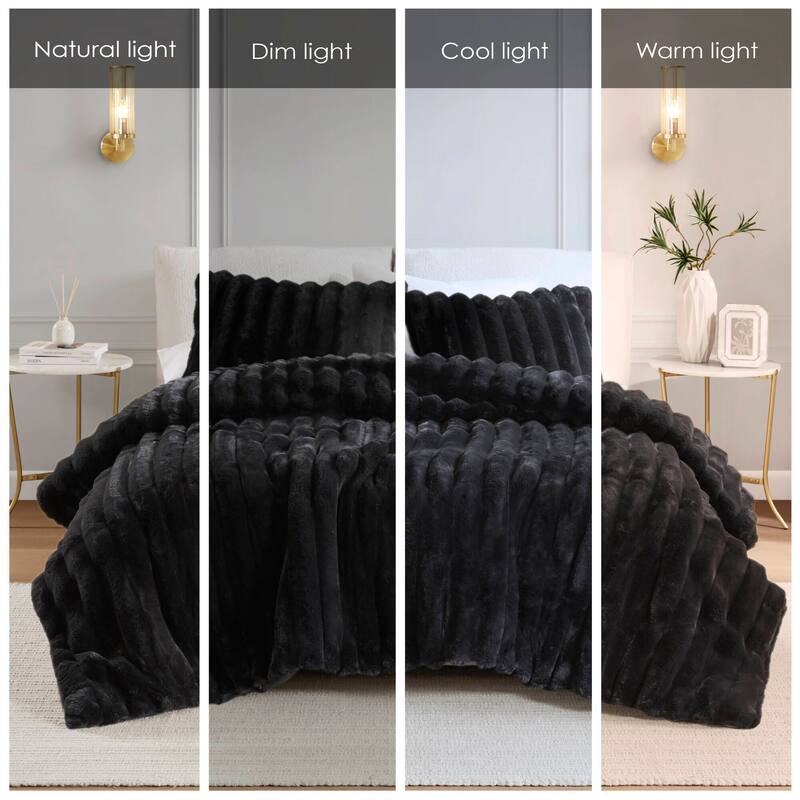 3PCS Full/Queen Fluffy Faux Fur Comforter Set with Ribbed Texture and Velvet Backing