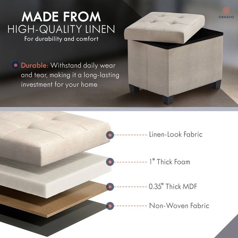 Ornavo Home Collapsible Rectangle Small Storage Ottoman with Legs - 12" x 16" x 12"