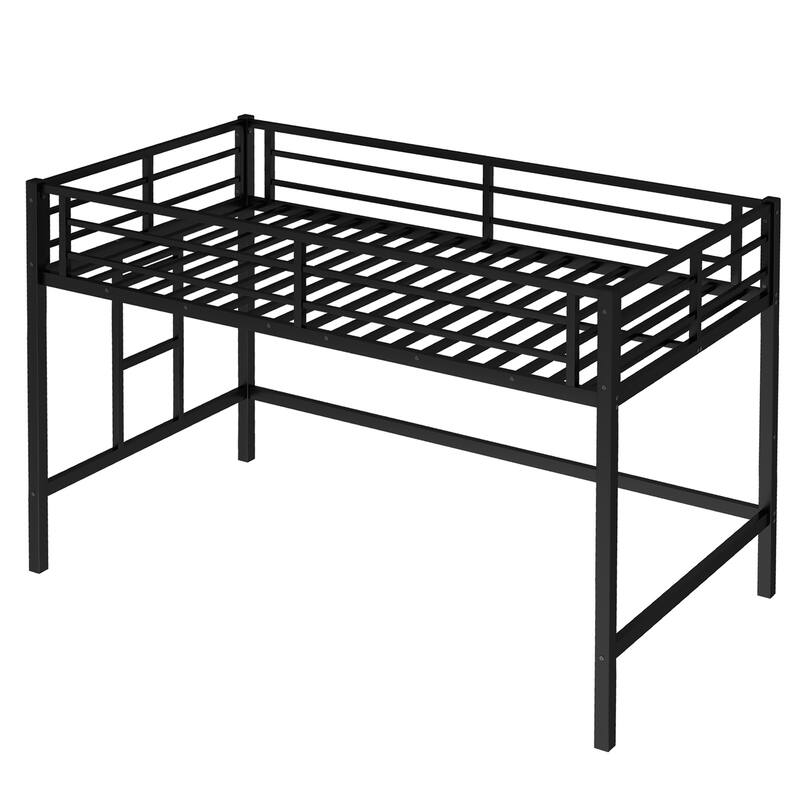 Twin Size Metal Loft Bed with Safety Guardrails and Easy-Climb Ladder