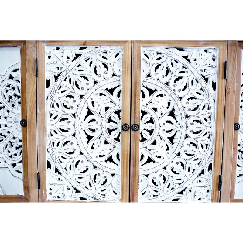 4-Door Hollow-Carved Accent Cabinet, Distressed Wood Storage Cabinet Cupboard with adjustable shelves,unique design,Natural wood