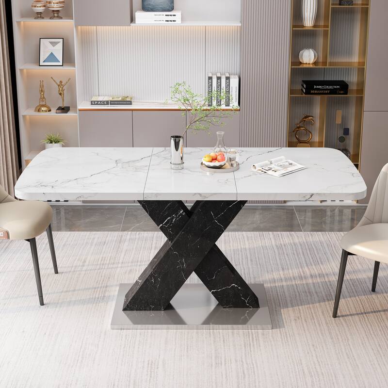 Modern Square Dining Table, Stretchable, with X-Shape Table Leg with Metal Base