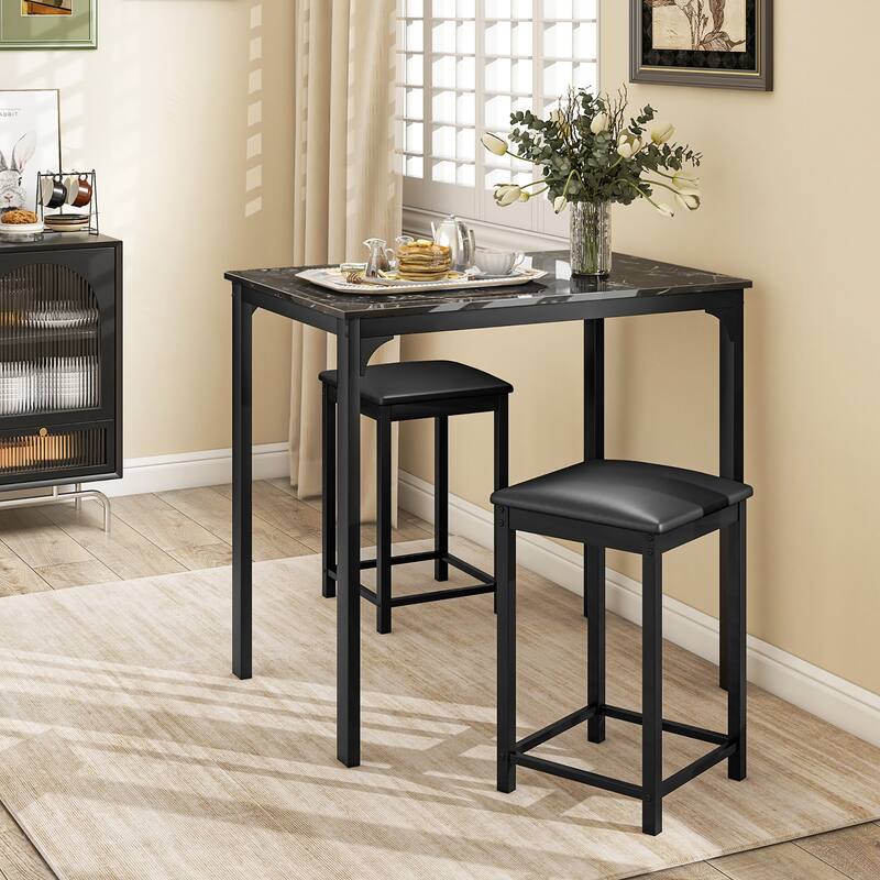 Gymax 3 PCS Counter Height Dining Set Faux Marble Table & 2 Chairs