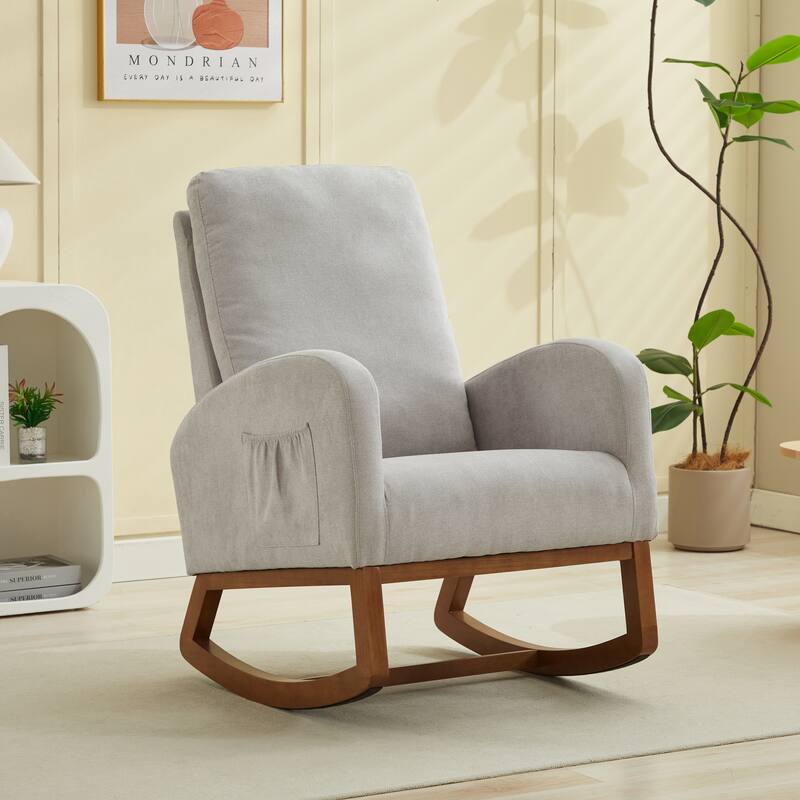 Upholstered Rocking Chair Nursery Chair with High Back and Side Pocket