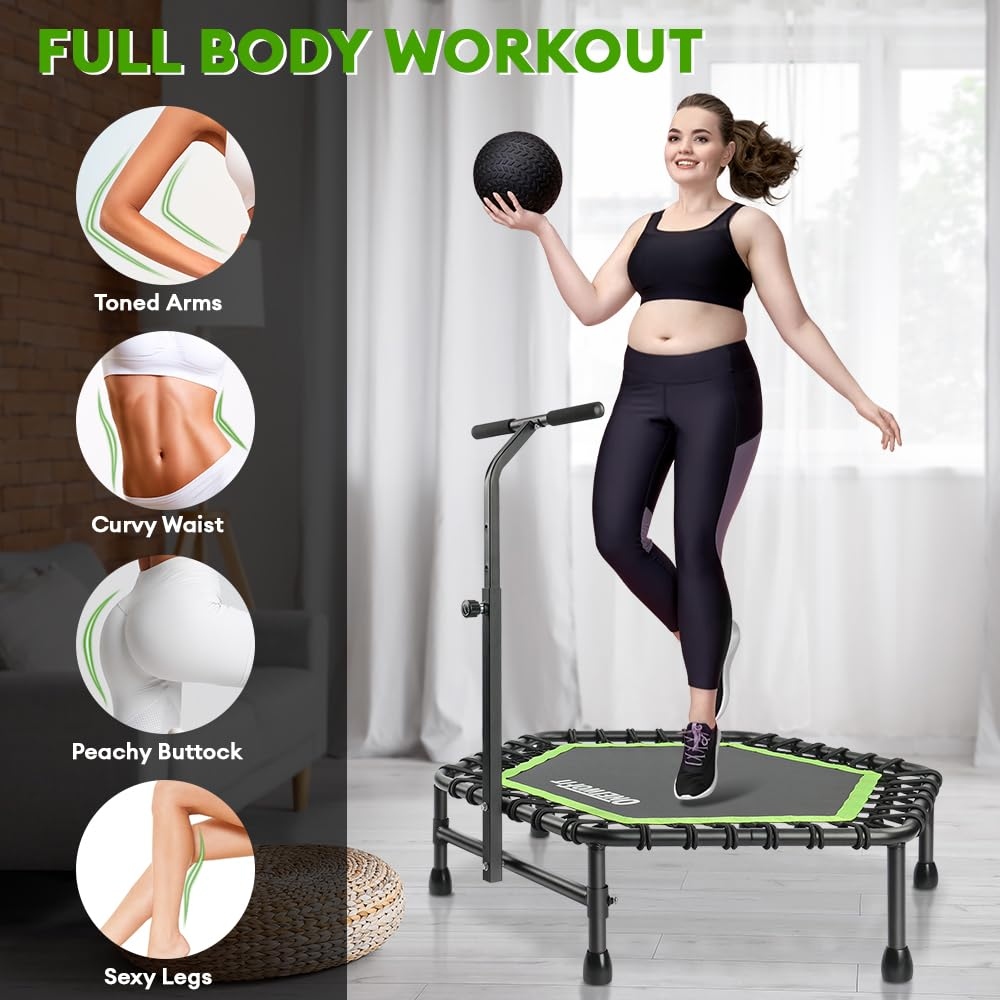 45 Rebounder Trampoline Silent Mini Trampoline with 5 Level Adjustable Hand Bar Indoor Exercise Fitness Trampoline Rebounder Green