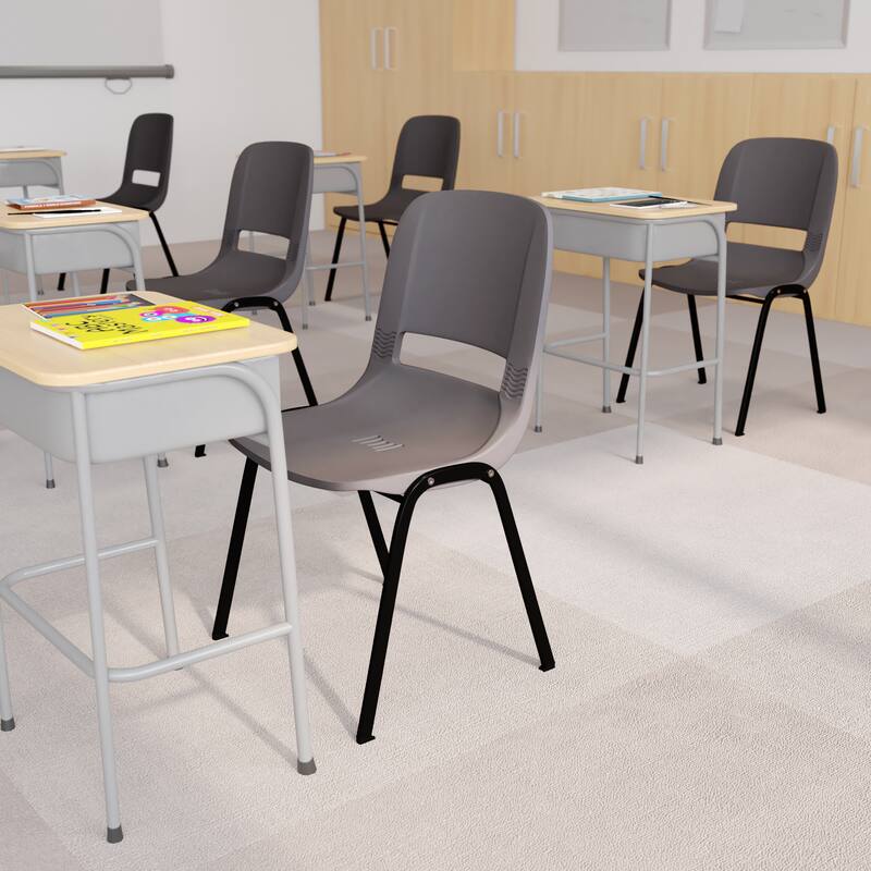 Ergonomic Shell Stack Chair with 16'' Seat Height - Gray Plastic/Black Frame