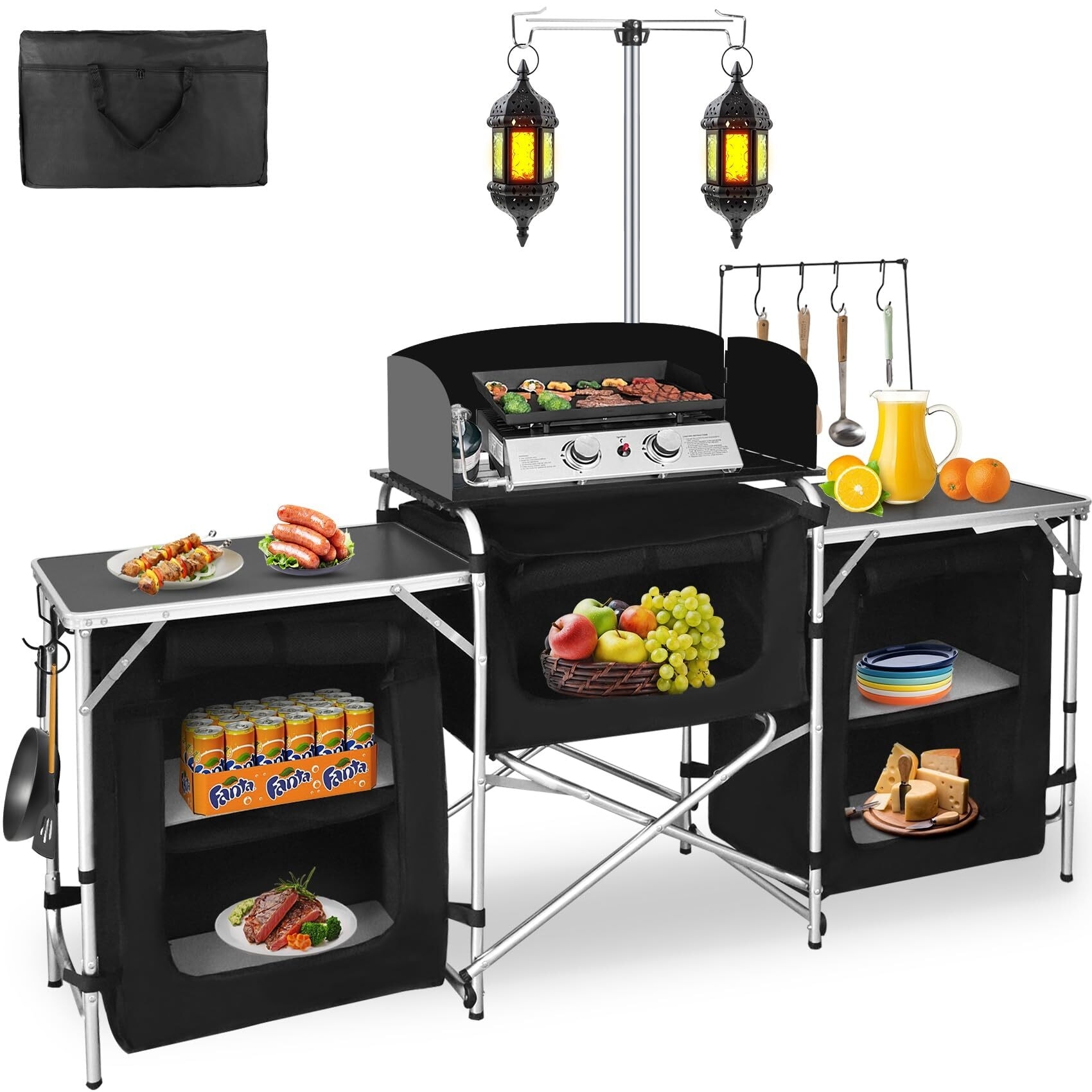 Camping Kitchen Table Aluminum Portable Outdoor Cooking Table Foldable Camp Table Black