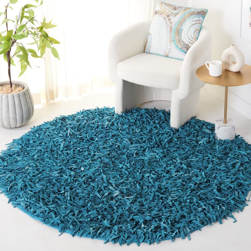 SAFAVIEH Handmade Leather Shag Doinita Modern Decorative Rug - 4' Round - Light Blue
