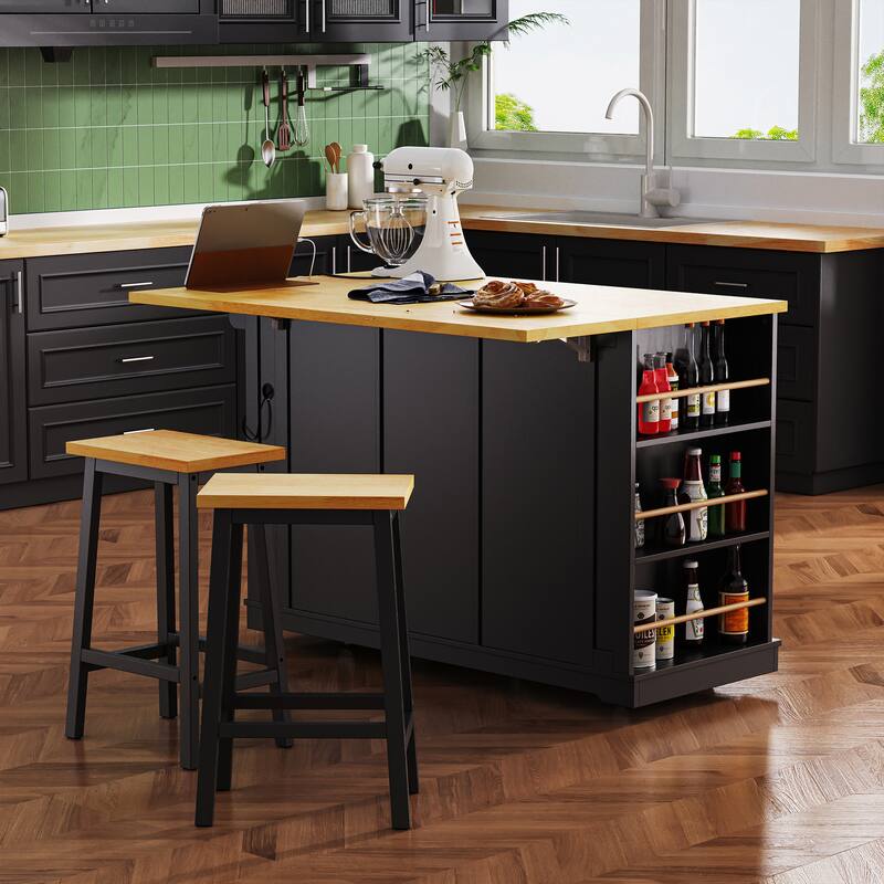 53" Large Kitchen Island with 2 Bar Stools and Power Outlet - Black