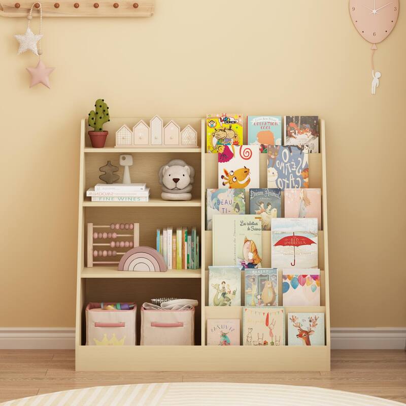 Anmytek Kids Bookcase Large Capacity Trapezoid Bookshelf Eco Friendly Wood Toy Storage Organizer Cabinet