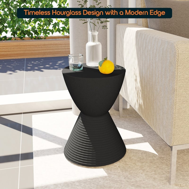 Boyd Modern Round Hourglass Polypropylene Drum Side Accent Table with Ribbed Design Base Storage for Indoor Outdoor Patio