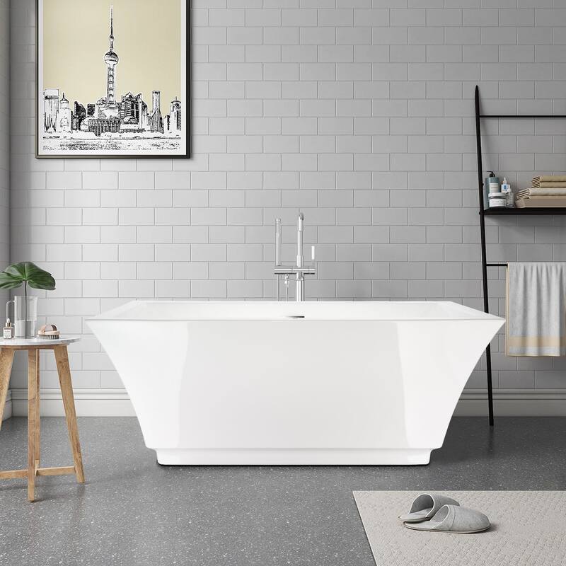 Vanity Art 59" Freestanding Acrylic Soaking Bathtub with Slotted Overflow & Pop-up Drain