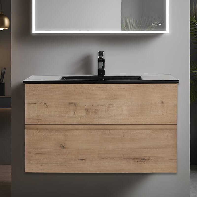 Blossom Wall Mounted Floating Bathroom Vanity with Double Acrylic Sink - Classic Oak - 36" MB Ceramic Sink
