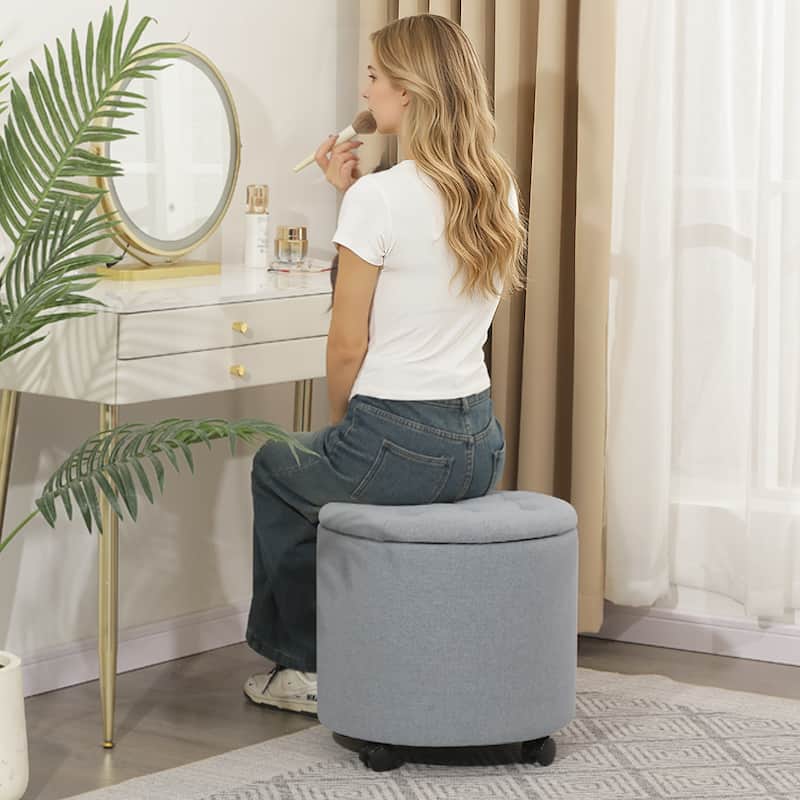 Adeco 17" Faux Leather Round Storage Ottoman with Tufted