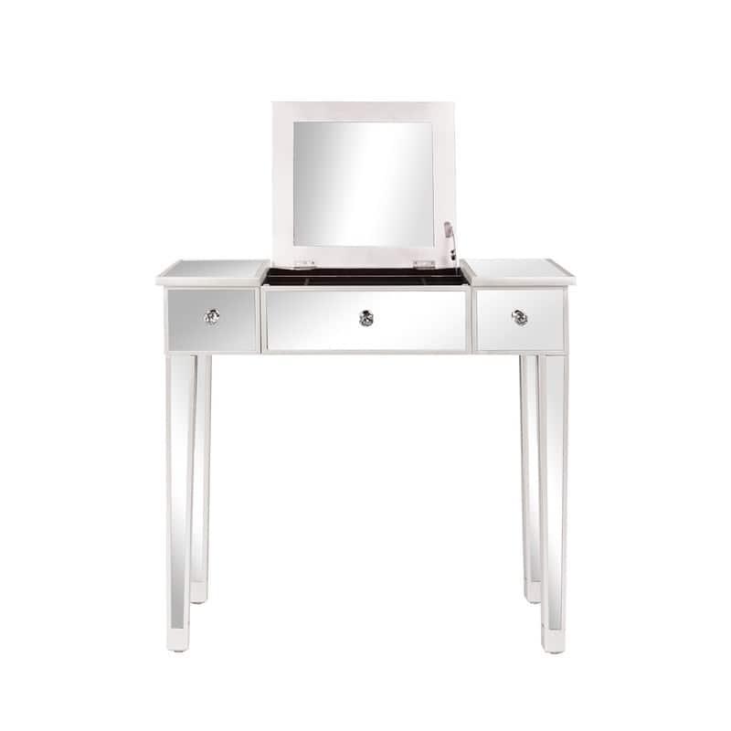 Mirrored Surface 1 Drawer Flip-up Desktop Writing Desk Vanity Desk Silver