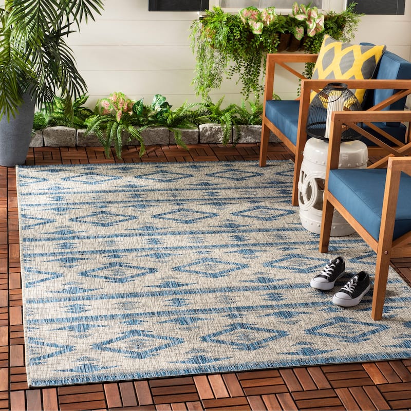 SAFAVIEH Courtyard Fraidel Indoor/ Outdoor Waterproof Patio Backyard Rug - 8' x 10' - Grey/Navy