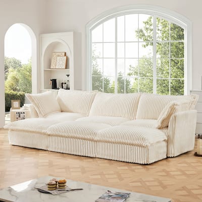 Modern 3-seater upholstered sofa with 3 ottomans and 2 pillows
