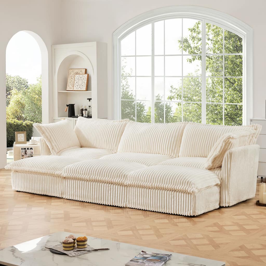 Modern 3-seater upholstered sofa with 3 ottomans and 2 pillows