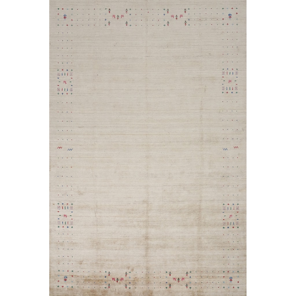 Hand Knotted Oriental Viscose Silk Carpet Tribal Animal Pictorial Beige & Ivories Gabbeh Area Rug - 11' 8'' X 8' 10''