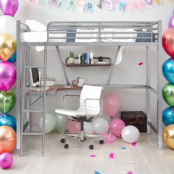 slide 2 of 9, Modern Twin Size Metal MDF Loft Bed With Built-in Desk And Shelf for Bedroom Silver