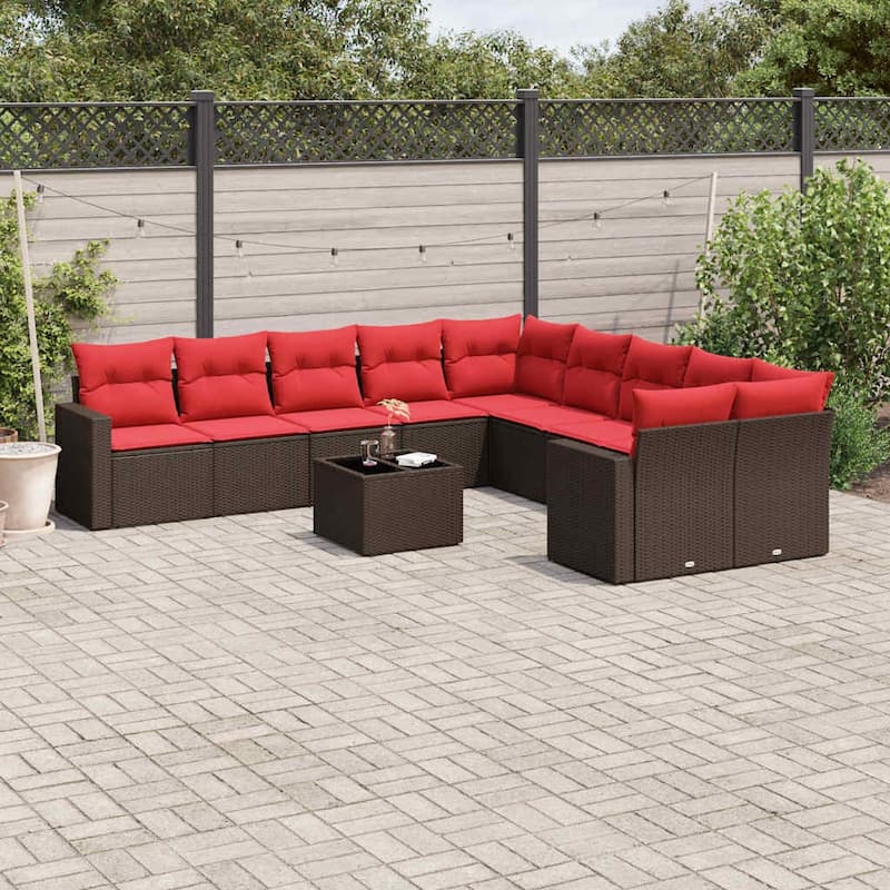 vidaXL 11 Piece Patio Sofa Set with Cushions Poly Rattan (US only) - Brown - 24.4x33.5x24.4