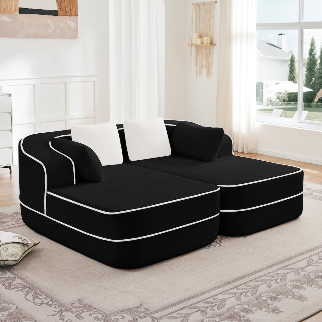 77.2" Double Chaise Lounge Chair, Upholstered Sofa Bed, Teddy Fabric Sleeper Couch with Pillows, Modern Loveseat for Living Room