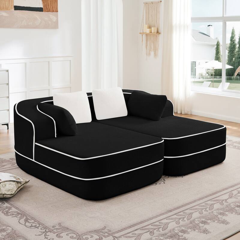Roomfitters 77" Teddy Fabric Boneless Sofa, No Assembly Modular Couch with Double Chaises - Black