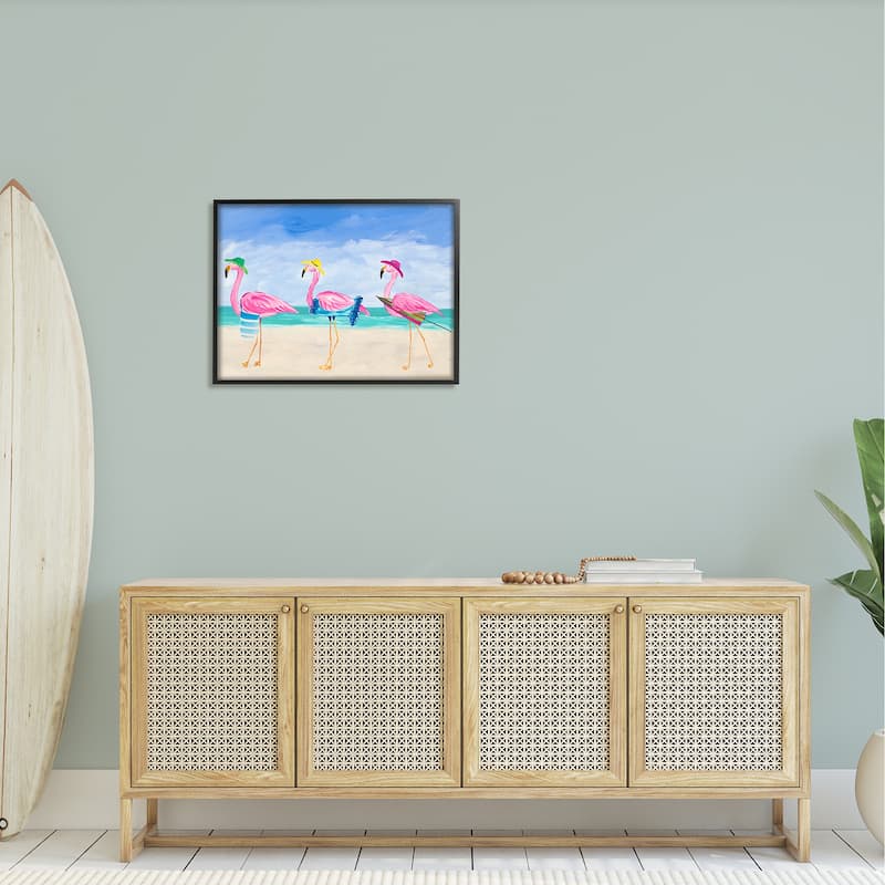 Stupell Cute Pink Flamingos Beach Attire Strolling Coast Illustration Framed Wall Art