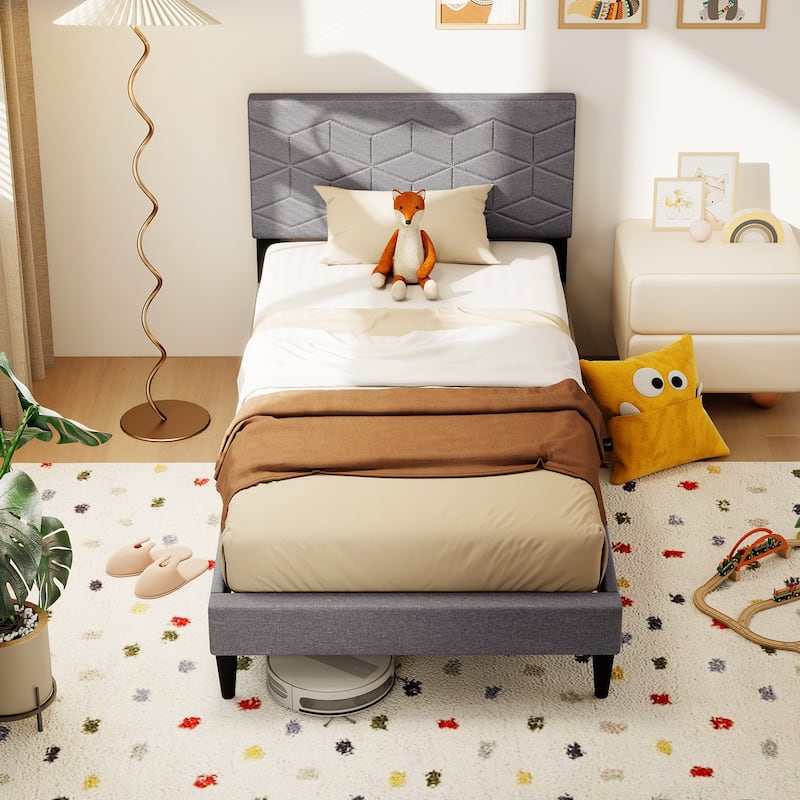 Gray Twin Size Upholstered Platform Bed Frame with Linen Headboard and Low Profile Modern Design