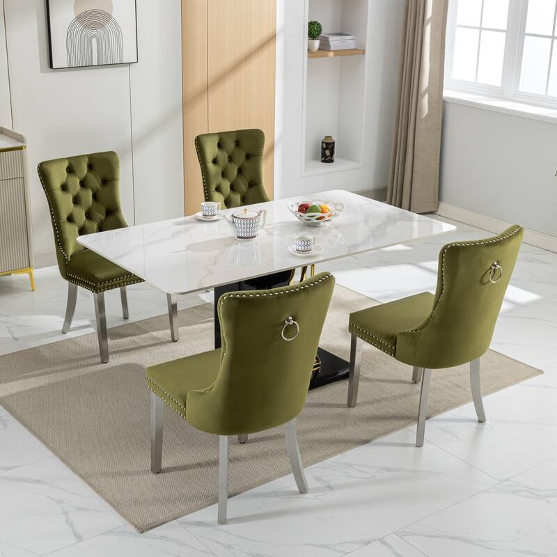 Tufted Solid Wood Velvet Upholstered Dining Chair with Chrome Steel Plating Legs Set of 2