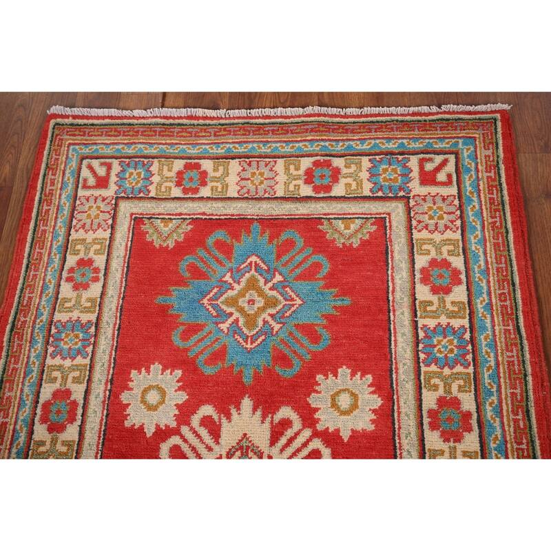 Red Kazak Foyer Rug Handmade Geometric Red Wool Carpet - 2'9" x 4'2"