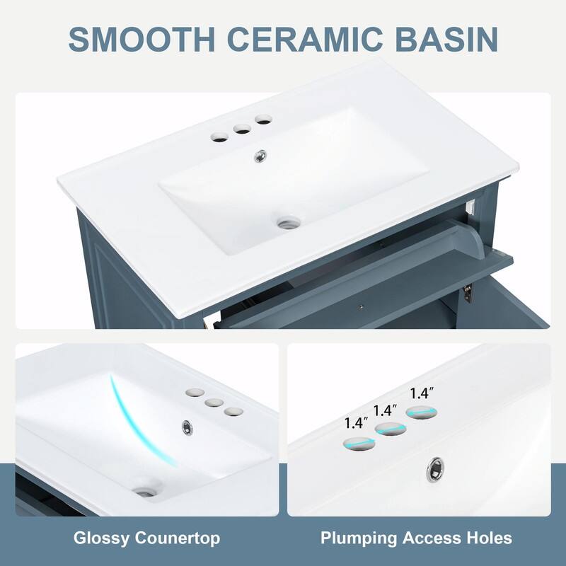 30 Inch Bathroom Vanity with Sink, Modern Vanity Cabinet with One Flip Drawer and Two Storage Drawers