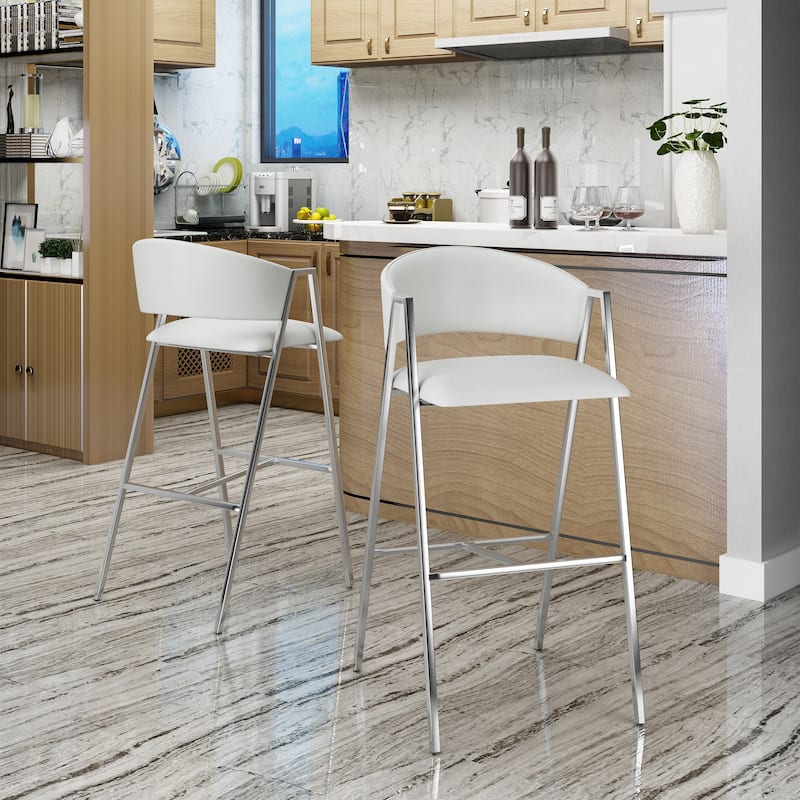Roomfitters Contemporary Counter Height Metal Bar Stools, Set of 2, Upholstered Footrest Seating, Kitchen Island Chairs - Ivory