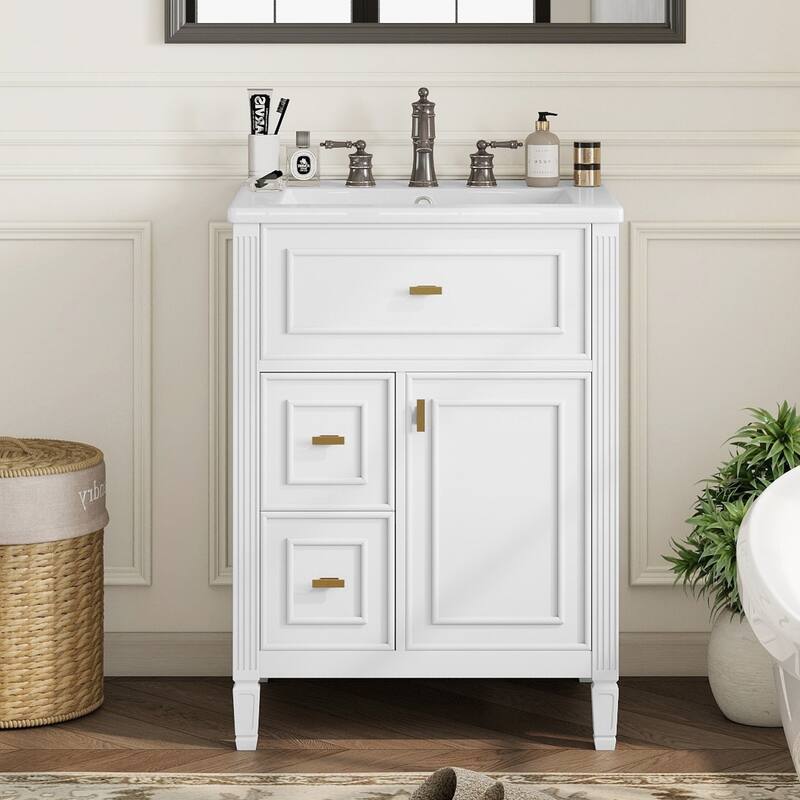Roomfitters 24" Bathroom Vanity with Sink, Solid Wood Frame, Flip Drawer, 2 Side Drawers & Adjustable Shelf - White