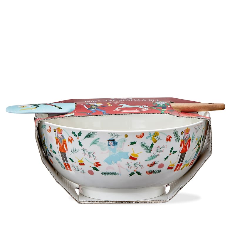 Nutcracker Bowl Set with Spatula - 72oz Mixing & Serving Bowls, Multicolor Bone China, Dishwasher Safe, Christmas Decor
