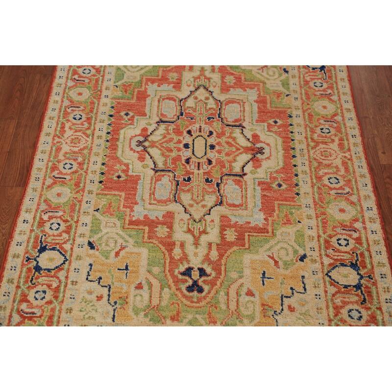 Orange & Green Heriz Serapi Vegetable Dye Rug Handmade Wool Carpet - 3'1"x 5'0"