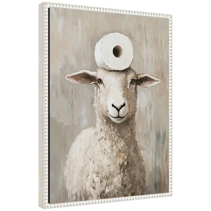 Kate and Laurel Sylvie Toilet Paper Roll on Cute Sheeps Head Bathroom Art Framed Canvas by The Creative Bunch Studio - 18x24