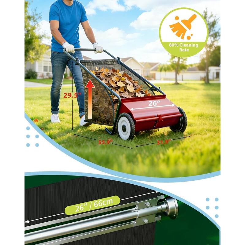 26 in Push Lawn Sweeper for All Terrains 7 cu. ft. Collection Bag 4 Brushes and Adjustable Height
