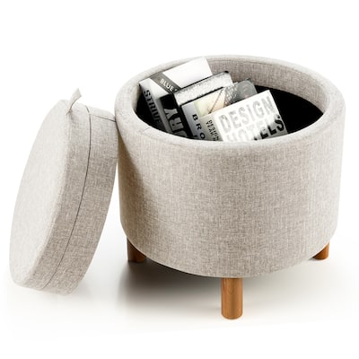 Round Storage Ottoman Accent Footstool with Tray and Soft Padding