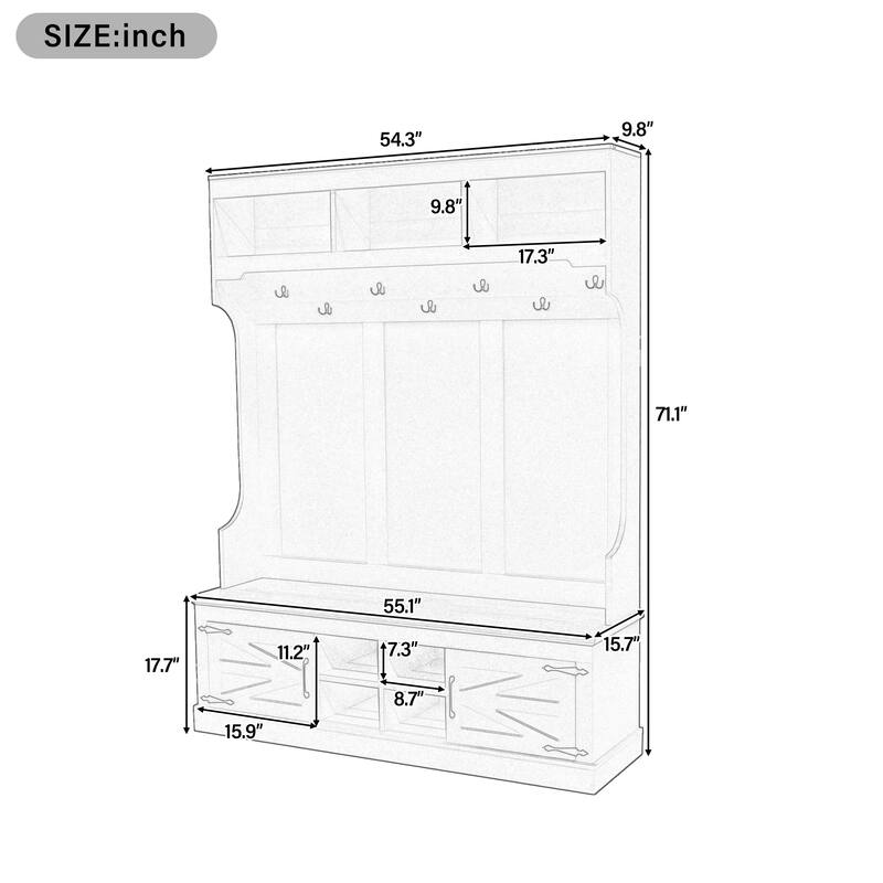 71 Inch Farmhouse Hall Tree with Bench and Shoe Storage 7 Hooks