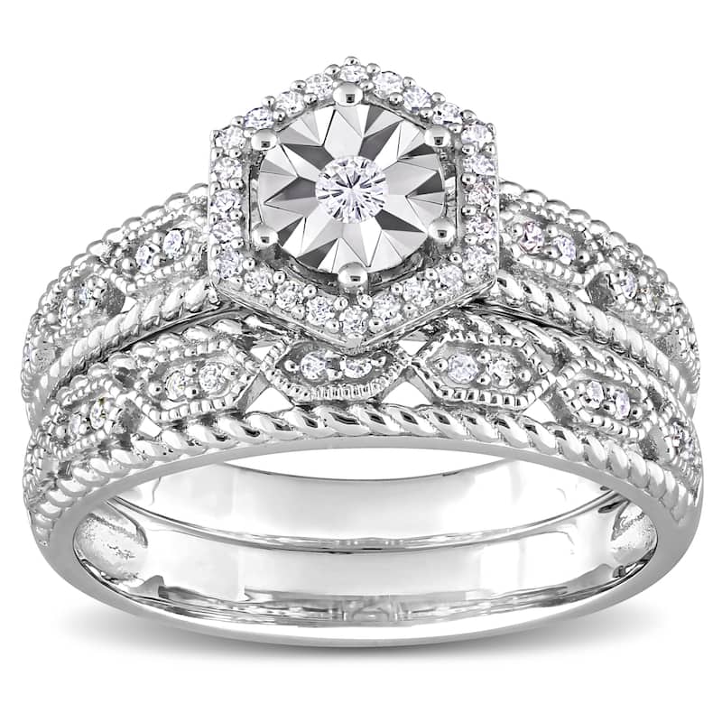 Miadora 1/4ct TW Diamond Hexagon Halo Bridal Ring Set in Sterling Silver